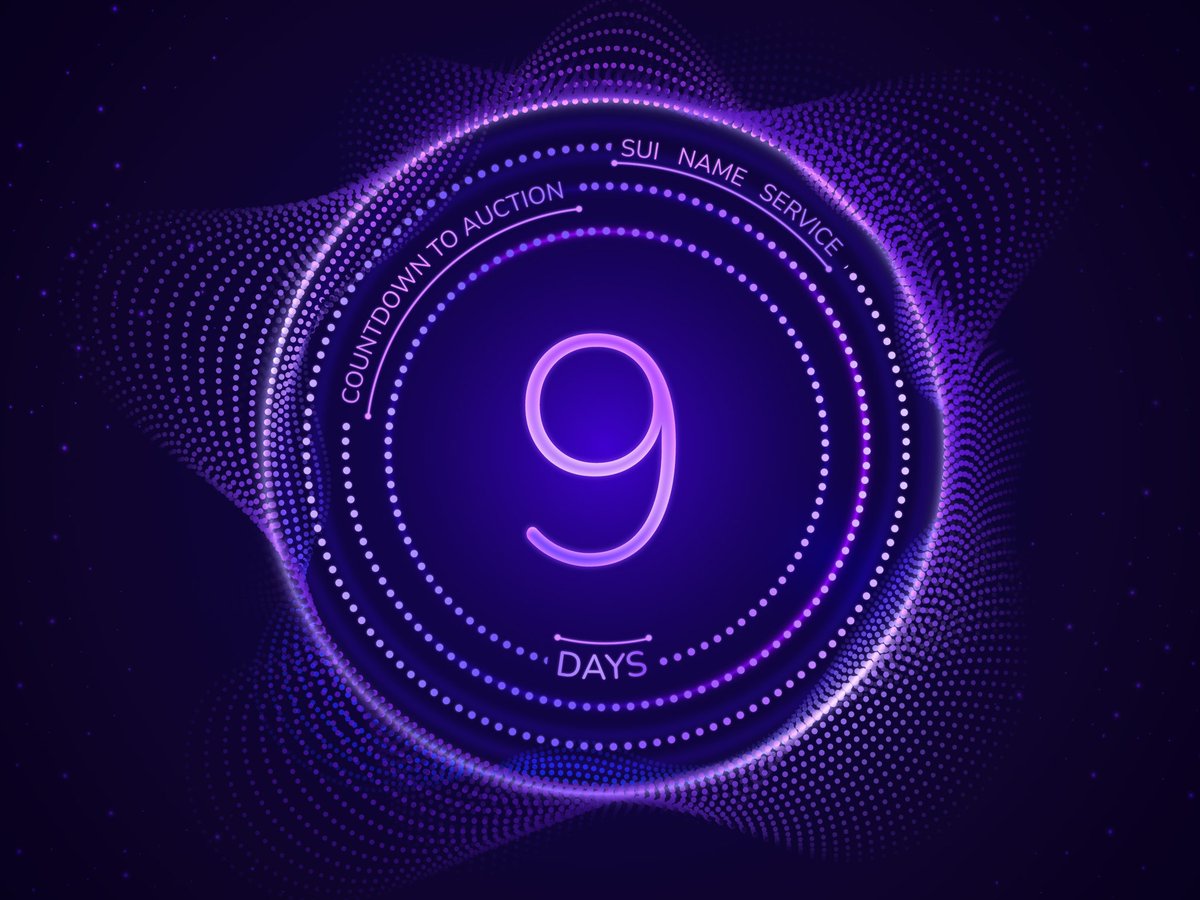 The #SuiNameService Auction Countdown 🕰️ - Day  9

Auction Details:
👉 .sui names 3-63 characters in length
👉 Domain ownership represented with a trade-able Registration #NFT 
👉 Each name auction lasts 2 days from first bid 

Only on the #sui network!