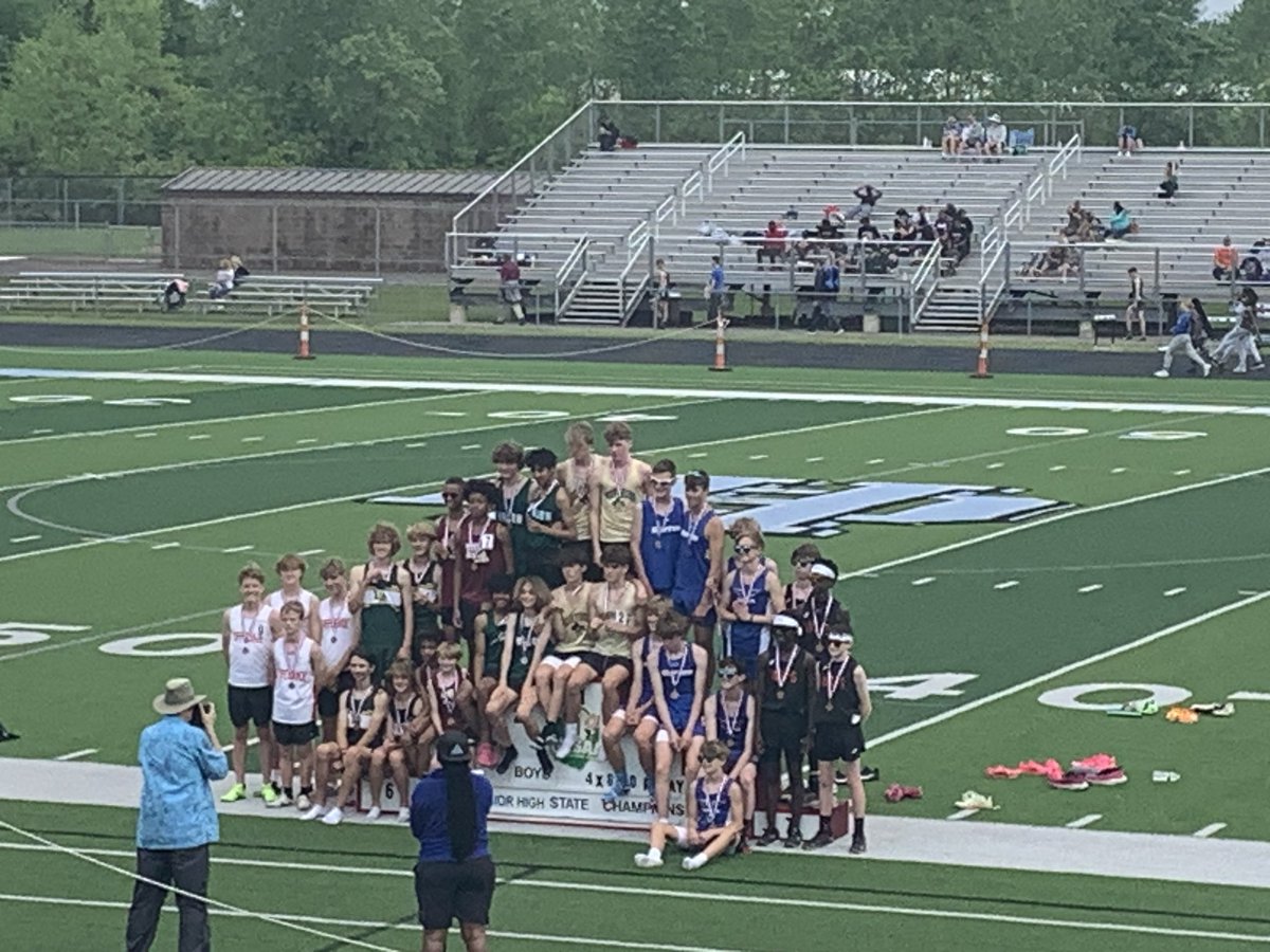 Update from MS State Track Meet. New school 4x800 record (8:57.59) and a 6th place state finish. Great job Boys MS Track. (Luke Robinson,Carson Cherry,Cade Wojnicz and Ryne Reynolds) pictured