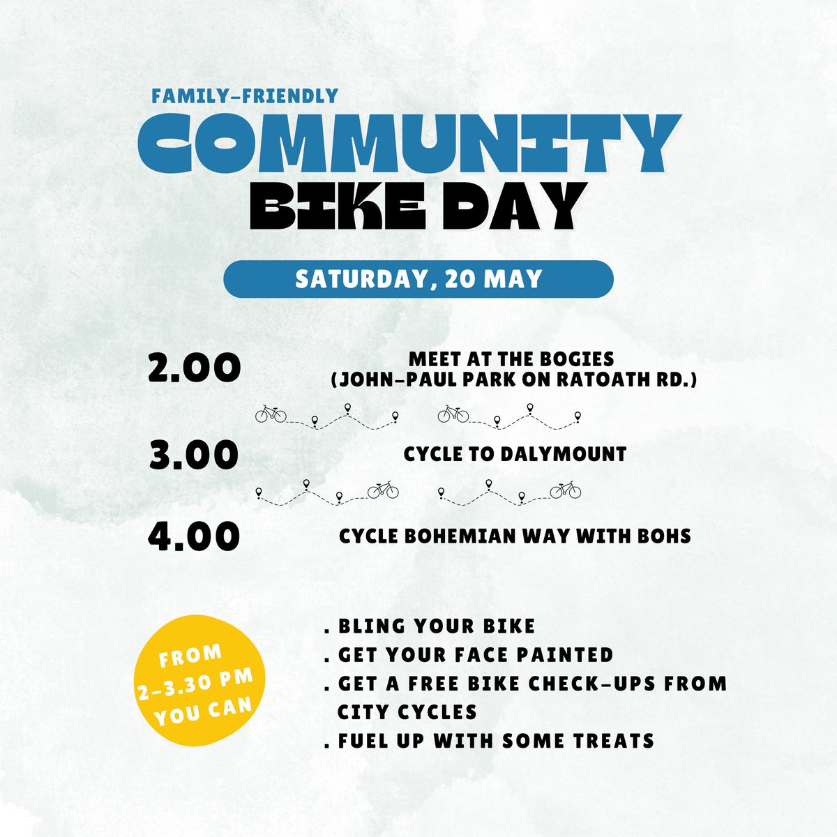 ConnectingCabra's tweet photo. #BikeWeek begins today and in Cabra we have 2 events. Thursday is Cycle to School Day, and Saturday, 20 May we have a Community Bike Event in the Bogies / JPII Park. “Bling your bike”, free bike check-ups, treats &amp; freebies, and bike security advice from @gardainfo! Pls retweet! https://t.co/ig90py26DS
