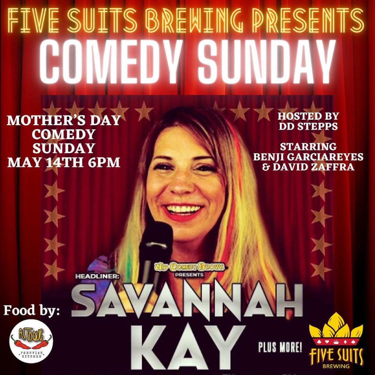 fivesuitsbrew's tweet photo. Mom’s deserve a laugh! 
Join us for a special Mother’s Day Comedy show featuring an incredibly talented comedian who is a featured comic in the Ryan Renolds Live Improv Group! ViP &amp; Free tickets are available: https://t.co/aHcHZWvISM 
Open at noon
#cheers https://t.co/6eF41NZTNt