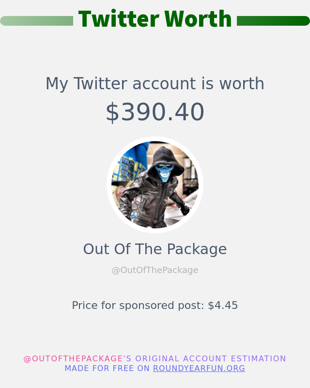 OutOfThePackage's tweet photo. My Twitter worth is: $390.40

➡️ https://t.co/zyFbcVRlgW https://t.co/gVdOKaaGjQ