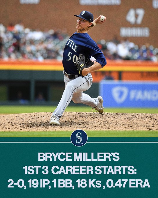 Bryce Miller's first 3 career starts: 2-0, 19 IP, 1 BB, 18 Ks, 0.47 ERA Pictured: Bryce Miller delivers a pitch at Comerica Park.