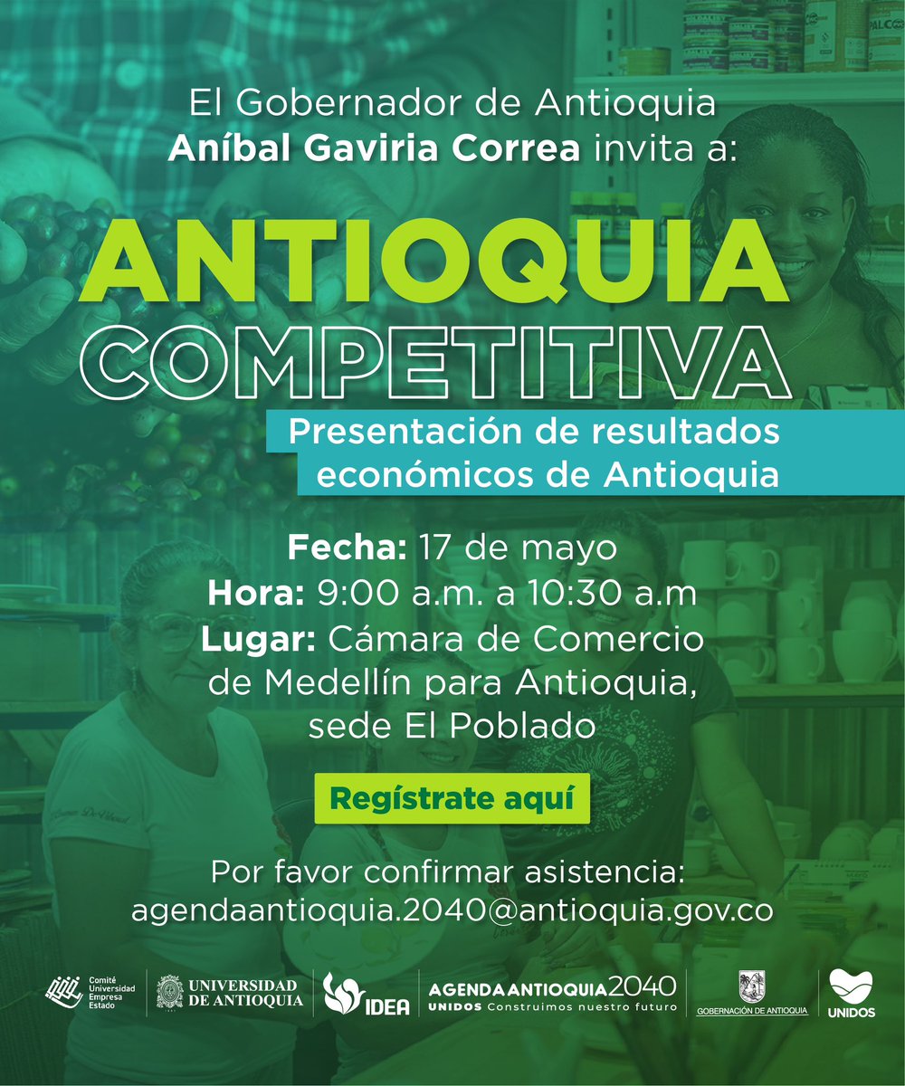 DaniTrejoR's tweet photo. Los invitamos este miércoles 17 de mayo a la presentación de resultados económicos de Antioquia: Una mirada al interior del departamento, y el lanzamiento del Índice Municipal de Competitividad a cargo del Gobernador @anibalgaviria 

Inscríbete aquí https://t.co/HpaiRgxZVL https://t.co/577H1j7BWH