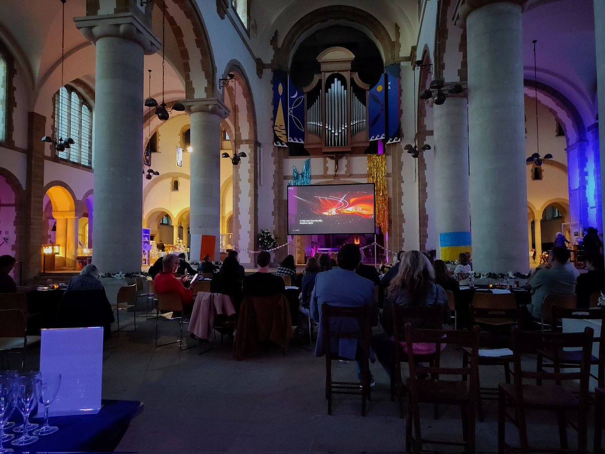 Hello for <a href="/PortsmouthCath/">Portsmouth Cathedral ☩</a>! Our #CathedralsatNight event, screening #Eurovision is underway.