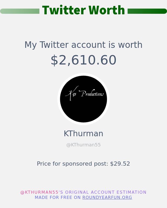 KThurman55's tweet photo. My Twitter worth is: $2,610.60

➡️ https://t.co/4S1BQLrxWZ https://t.co/Libx9PLDBl