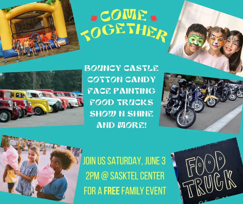 ComeTogetherSk's tweet photo. A FREE outdoor family day event Saturday, June 3 2pm @ SaskTel Center. There's something for everyone! #sasktoon #revival #city #saskatchewan #jesus #gather #love #joy #canada #asbury #worship #God #holyghost #sasktelcentre #commonmansrevival https://t.co/D8dBp6uGxN