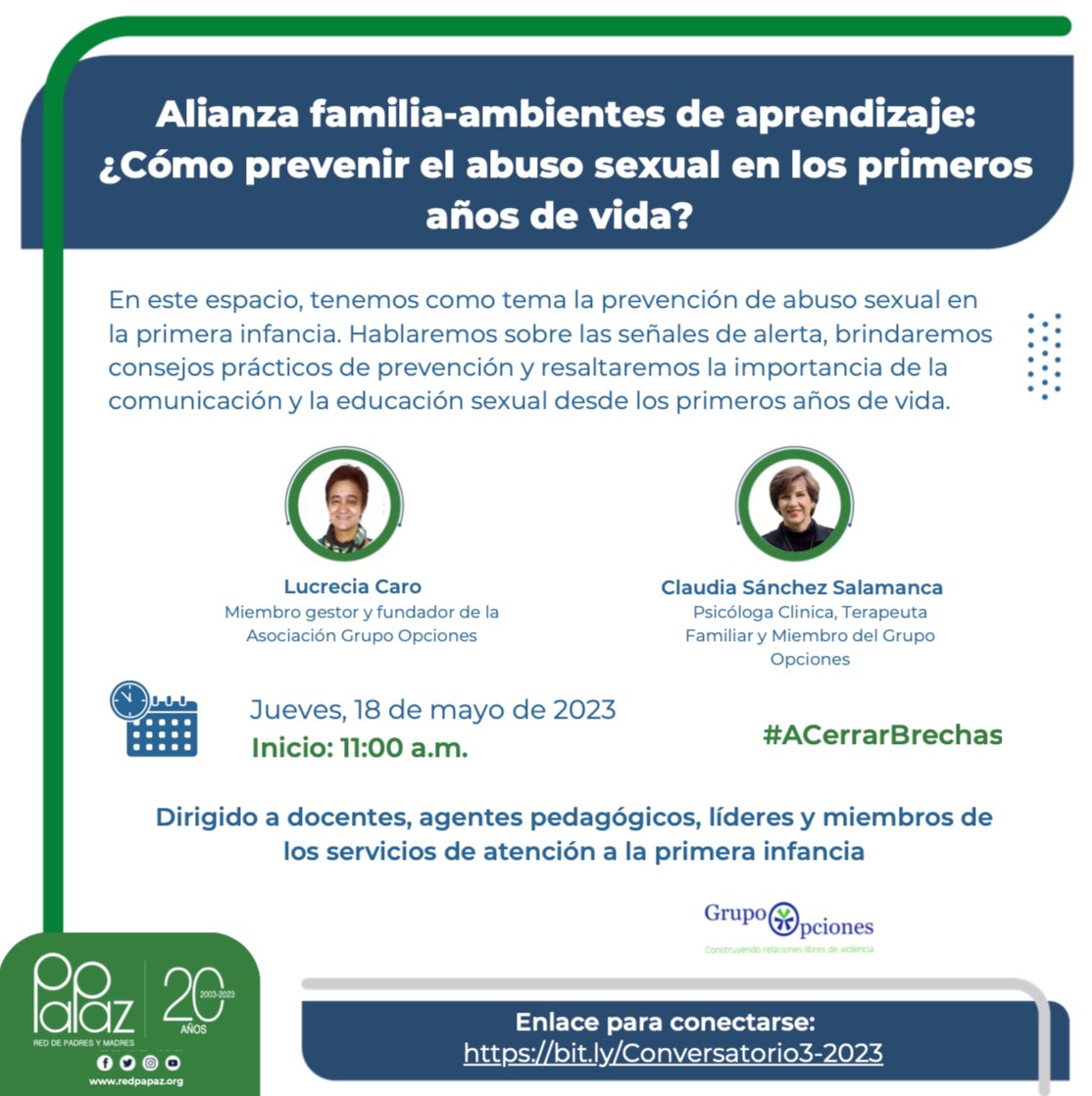 RedPaPaz's tweet photo. ¿Cuál es el rol de la familia y los servicios de atención de la primera infancia para prevenir casos de abuso sexual en los primeros años de vida?
Este jueves, 18 de mayo, a las 11:00 a.m. estaremos #ConversandoConExpertos sobre el tema
Conéctese en nuestro canal de YouTube https://t.co/zc5dHxEM2Q