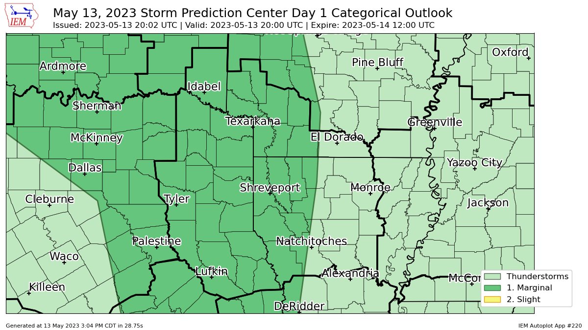 SPC issues Day 1 Marginal Convective Risk at May 13, 20:02z for SHV spc.noaa.gov/products/outlo…