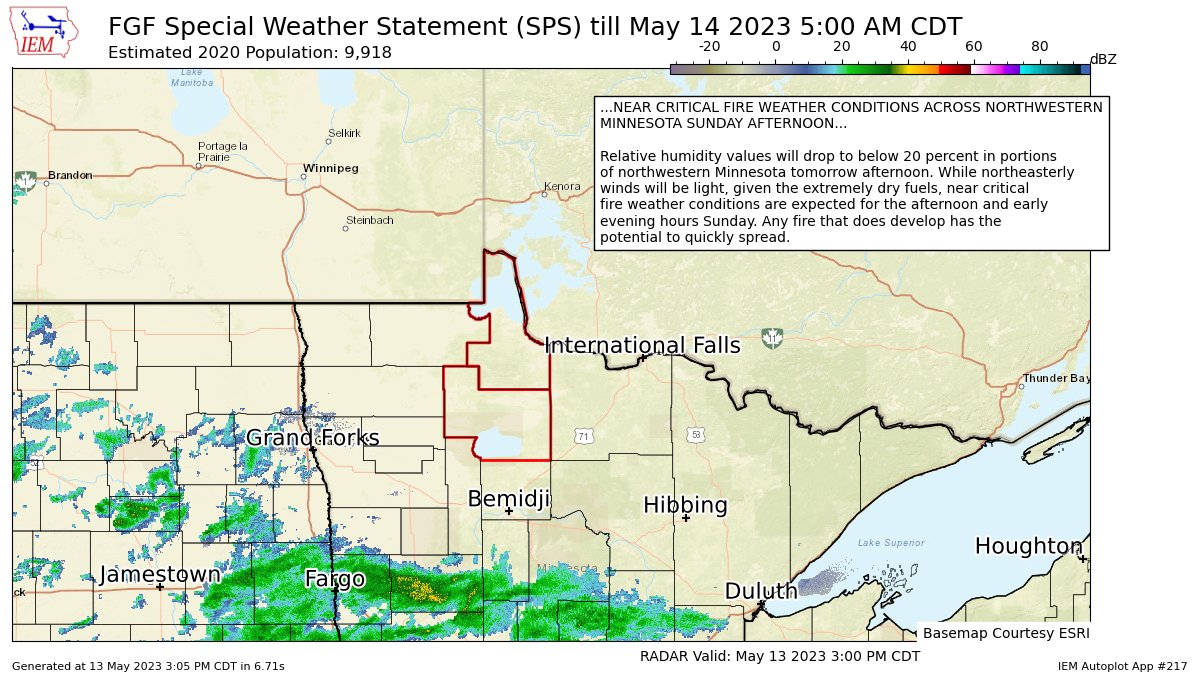 NEAR CRITICAL FIRE WEATHER CONDITIONS ACROSS NORTHWESTERN MINNESOTA SUNDAY AFTERNOON for Lake Of The Woods, North Beltrami [MN] till 5:00 AM CDT https://t.co/jNjAuklVOP https://t.co/GIOWRFkQVr