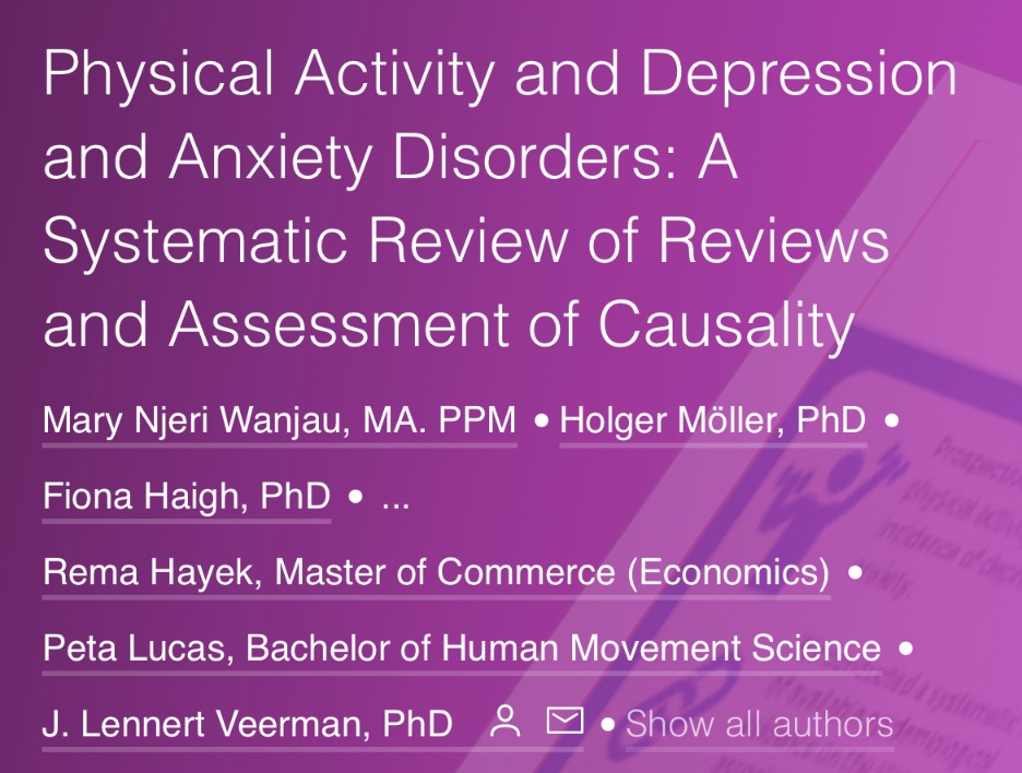 Physical Activity and Depression and Anxiety Disorders: A Systematic Review of Reviews and Assessment of Causality

ajpmfocus.org/article/S2773-…
<a href="/AJPMFocus/">AJPM Focus</a>