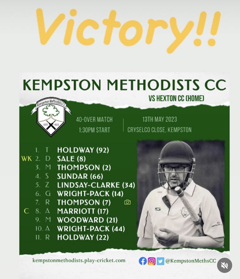Kempston Meths CC (@kempstonmethscc) on Twitter photo The Mighty Meths strolled out victors by 9 wickets over <a href="/hexton_cc/">Hexton Cricket Club</a> today!
An excellent bowling performance restricted the visitors to 96. Followed by measured innings from the batters to bring home the points!
We keep marching and driving on!
#KempstonMethsCC #MightyMeths The Mighty Meths strolled out victors by 9 wickets over <a href="/hexton_cc/">Hexton Cricket Club</a> today!
An excellent bowling performance restricted the visitors to 96. Followed by measured innings from the batters to bring home the points!
We keep marching and driving on!
#KempstonMethsCC #MightyMeths