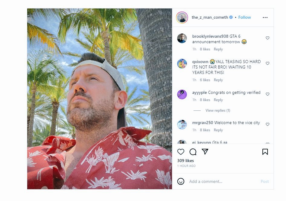 GTAVInewz's tweet photo. The Jason actor for GTA 6 posted a picture with the Vice City shirt and trees in the background. He also took a picture with the Lucia actor. Potential teasing? 👀 https://t.co/pN5KlywGZt