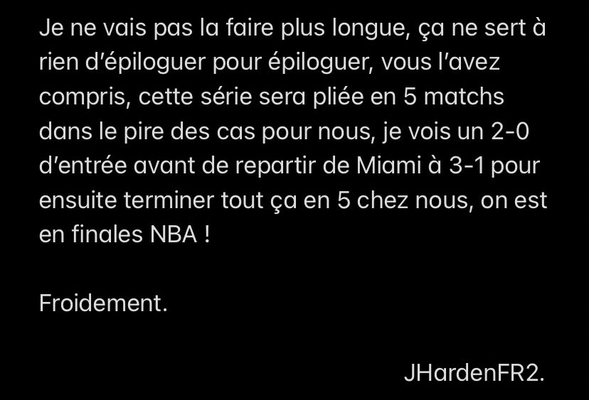 JHardenFR2's tweet photo. 🚨🏀Je suis tellement confiant pour le game 7 de demain face aux Celtics que j’ai déjà terminé mon analyse complète de la série face à l’infâme Heat !  

Vous ne pourrez pas dire que je n’avais pas prévenu. 

On en reparle. 

Froidement. https://t.co/2hyhuonOhn