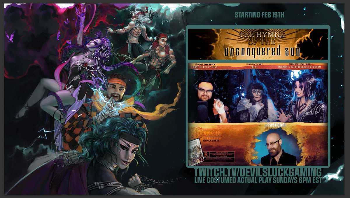 TheOnyxPath's tweet photo. Join us now at the @TeamDevilsLuck twitch channel as they return to the world of Exalted with The Hymns of the Unconquered Sun! A costumed actual play at https://t.co/Od0RBN7jc8 Pre-order Exalted Essence on @BackerKit at https://t.co/LECxXB97JU #ttrpg #exalted #ExEss https://t.co/xAZk4Apq8t