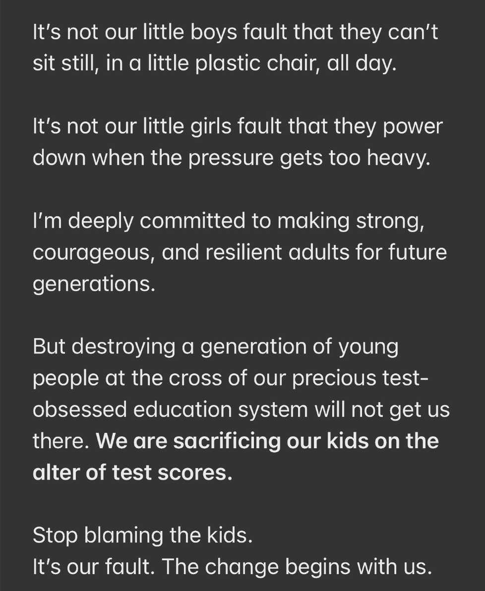 johndelony's tweet photo. I’m tired of being quiet on this issue. I will be silent no more.

I’ve got two PhDs in education related fields. I’ve spent my career as a high school, K-5, and university teacher. I’ve served at large public schools and small private schools.

I’ve worked with exceptional minds, behavioral challenges, and students with special needs and learning exceptionalities.

I’ve been there. In the trenches.

And I’m sick to death of stupid standardized test scores killing our children’s desire to learn.

We are KILLING their creativity, their literacy, their empathy, and their ability to connect with adult relationships.

We have sent them running to their screens.

We have lost a generation of kids by testing them nearly to death.

I can’t stand by and watch another generation burn.

Both private and public schools:

Stop the obsession with technology initiatives. Put the money back into good teachers and sound pedagogy.

Stop the obsession with drill-and-kill testing.

Stop doping up kids who can’t - or won’t - stay confined in their little cages. Let kids move and breathe and laugh and talk and explore.

Stop the catastrophic loss of PE and movement, trades, theater, music, reading hard literature, and art in schools— all of the things that make life worth living.

Stop the assault on actual learning.

I’ll be silent no more.

Our kids are at stake.

Delony