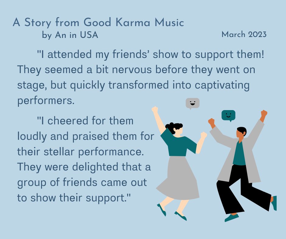 dharmaradiodrba's tweet photo. This week’s story comes from An in the U.S., who showed up to her friends’ performance and cheered them on in the audience.

Share a story of your kind act with us and get to choose an album to download for free at https://t.co/GNL2ENFUxE https://t.co/YNqQqApmzS