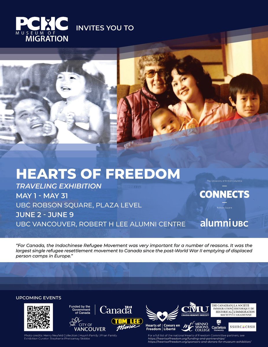 WYipJD's tweet photo. Still time to catch a distinguished panel discussing Canadian migration history &amp; refugee programs from SE Asians to now, today 2:15-3:15 pm, &amp; guided tour of #HeartsofFreedom exhibition cohosted by @PchcMoM + @UBCRobsonSquare, @alumniubcz Thx also @issbc @Carleton_U @MSCwpg etc. https://t.co/ZtbhbmUvJo
