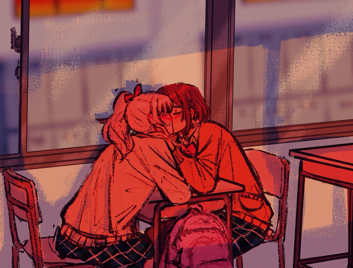 kiss multiple girls 2girls yuri school uniform classroom sitting  illustration images