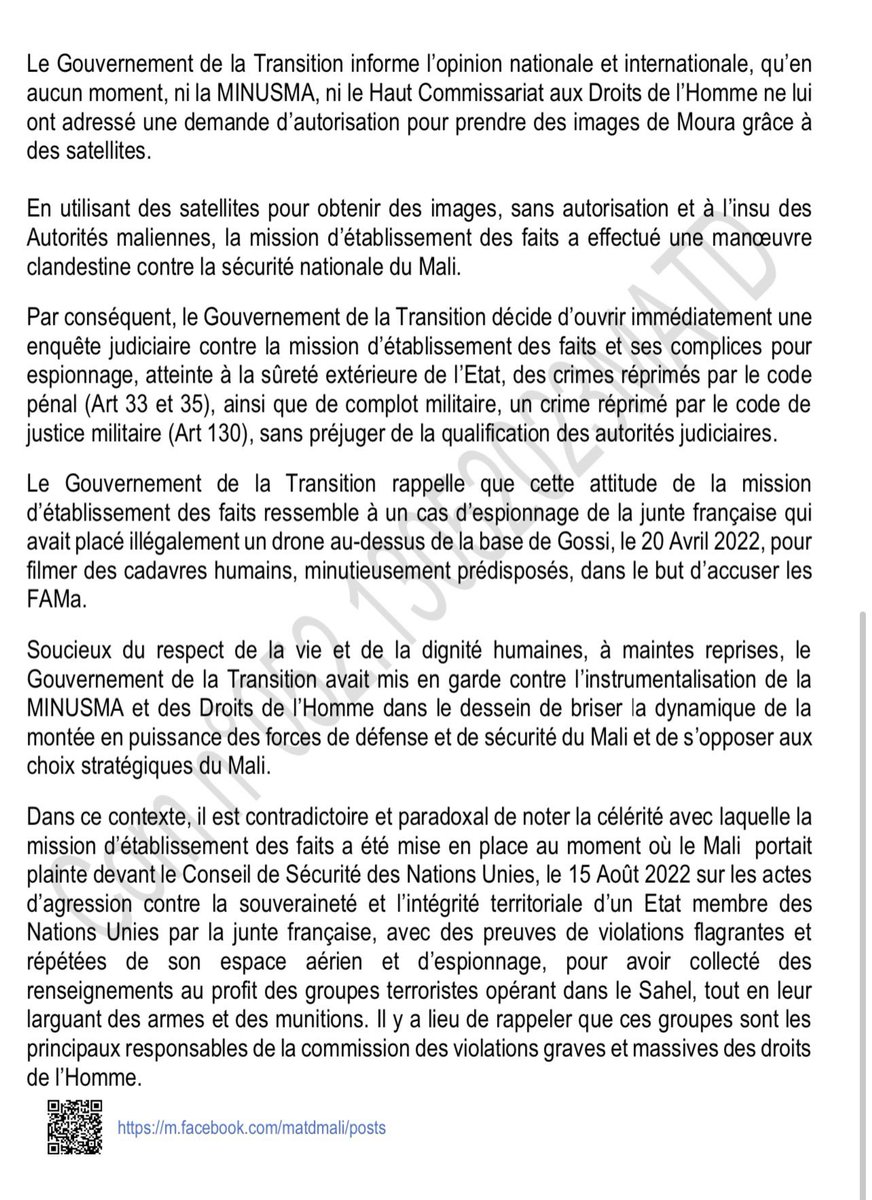 AbdoulayeDiop8's tweet photo. Communiqué N°052 du 13 mai 2023 du Gouvernement de la Transition en réaction au rapport sur " les évènements de Moura du 27 au 31 mars 2022" publié le 12 mai 2023 par le Haut Commissariat des Nations Unies pour les Droits de l'homme. https://t.co/gjg35NznDP