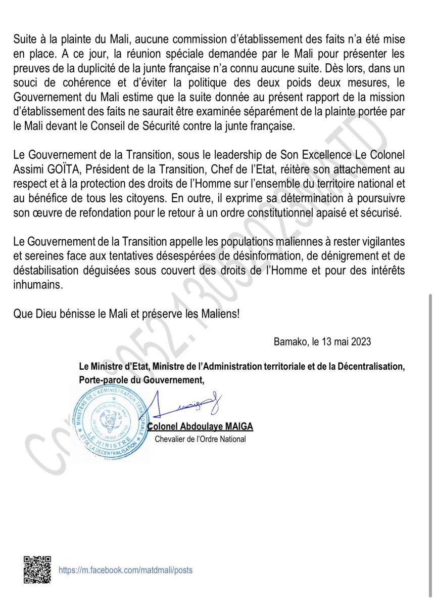 AbdoulayeDiop8's tweet photo. Communiqué N°052 du 13 mai 2023 du Gouvernement de la Transition en réaction au rapport sur " les évènements de Moura du 27 au 31 mars 2022" publié le 12 mai 2023 par le Haut Commissariat des Nations Unies pour les Droits de l'homme. https://t.co/gjg35NznDP