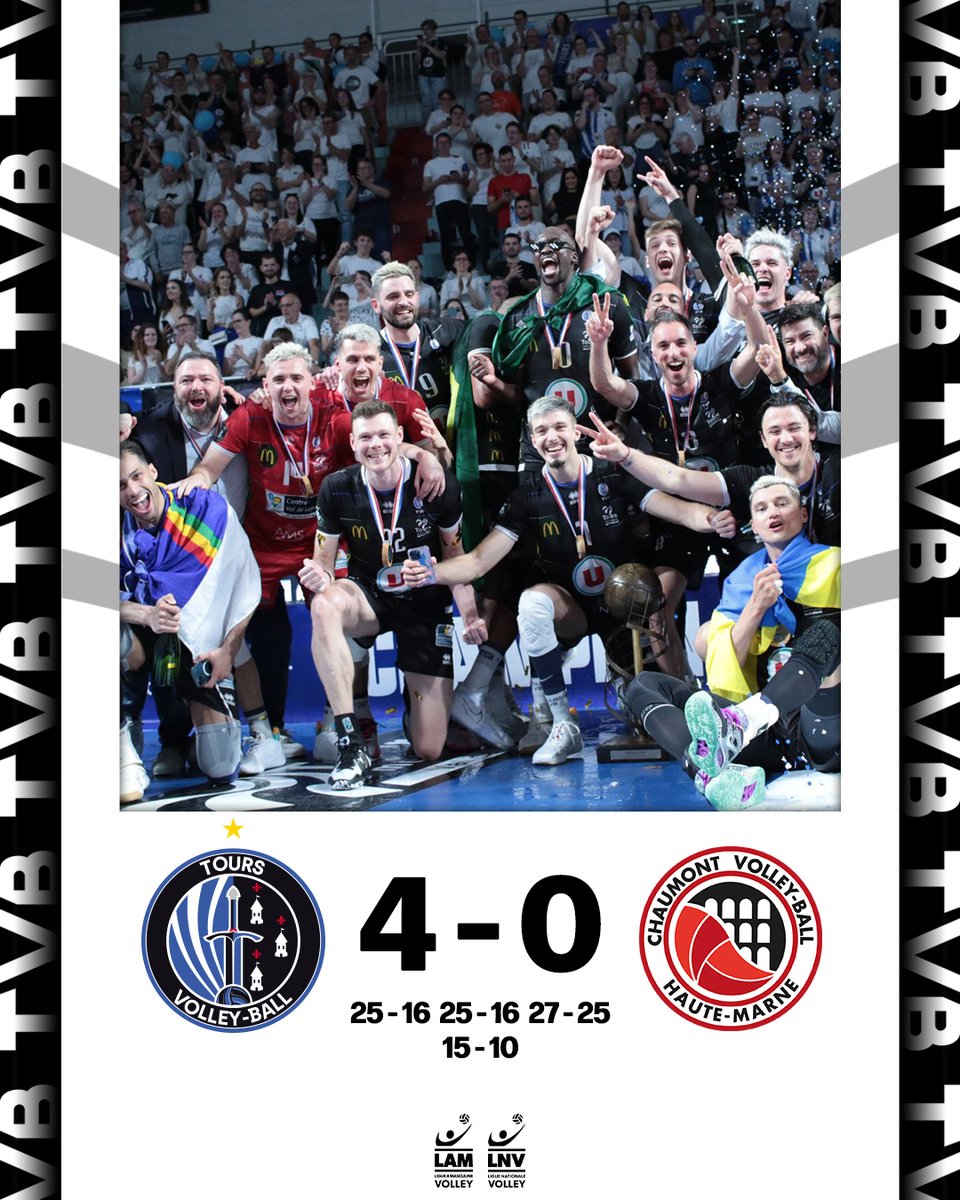 ToursVolleyBall's tweet photo. Le TVB est champion de France ! 🏆

Match dominé du début à la fin par les hommes de Marcelo Fronckowiak 🔥

MVP Joao Rafael Ferreira 🏆 https://t.co/EAKgHAOBPr