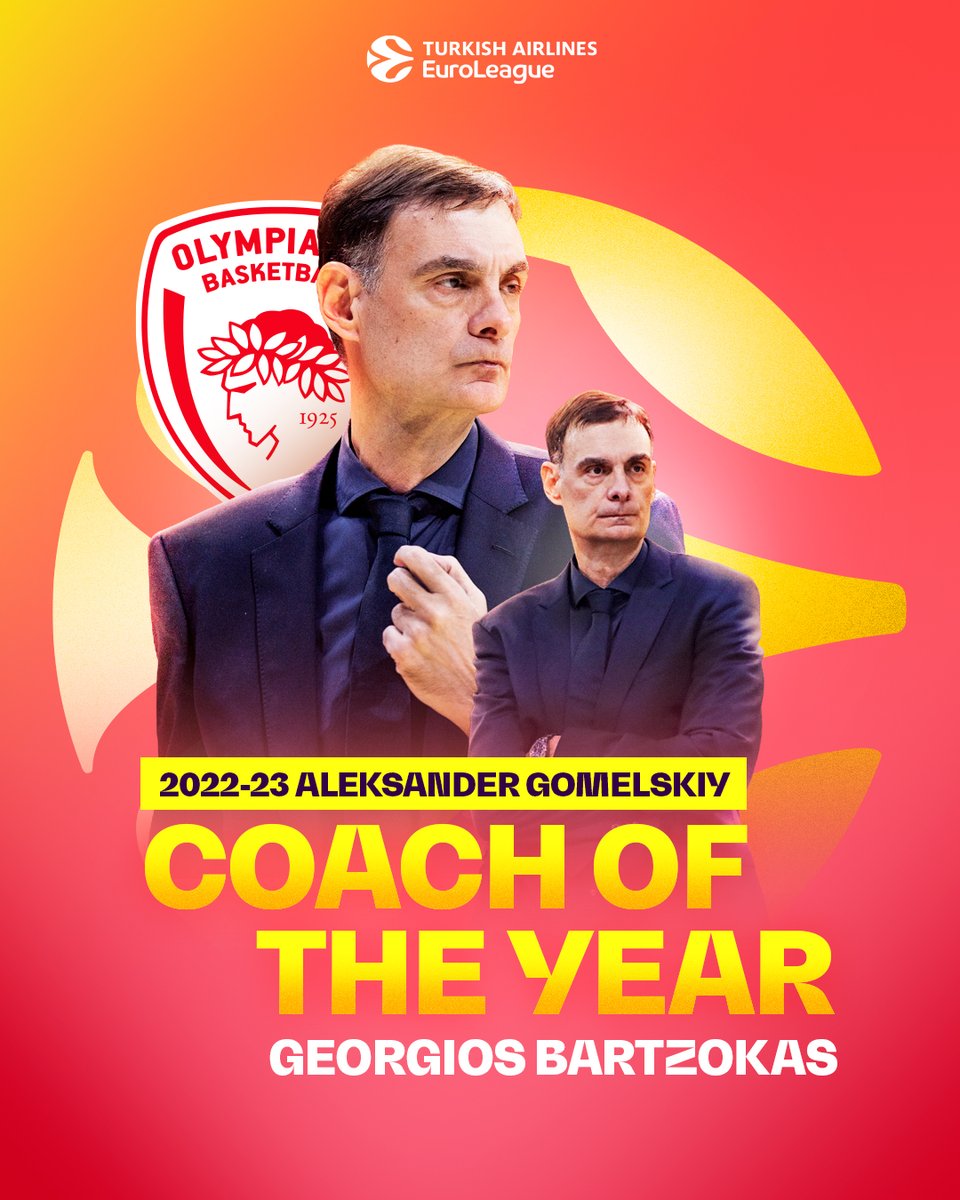 EuroLeague's tweet image. 𝐂𝐨𝐚𝐜𝐡 𝐨𝐟 𝐭𝐡𝐞 𝐘𝐞𝐚𝐫: Georgios Bartzokas🏆

For the second year in a row, Bartzokas has been honored for leading @Olympiacos_BC to the Final Four by being voted the 2022-23 Alexander Gomelskiy Coach of the Year by his fellow EuroLeague head coaches.