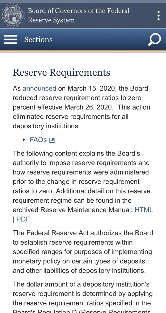 hrtlndbitcoin's tweet image. Did you know that in March 2020 the Federal Reserve removed the requirement for depository institutions to hold reserves altogether? 

Fractional reserve banking was ended 3 years ago and replaced by Optional Reserve Banking 

federalreserve.gov/monetarypolicy…