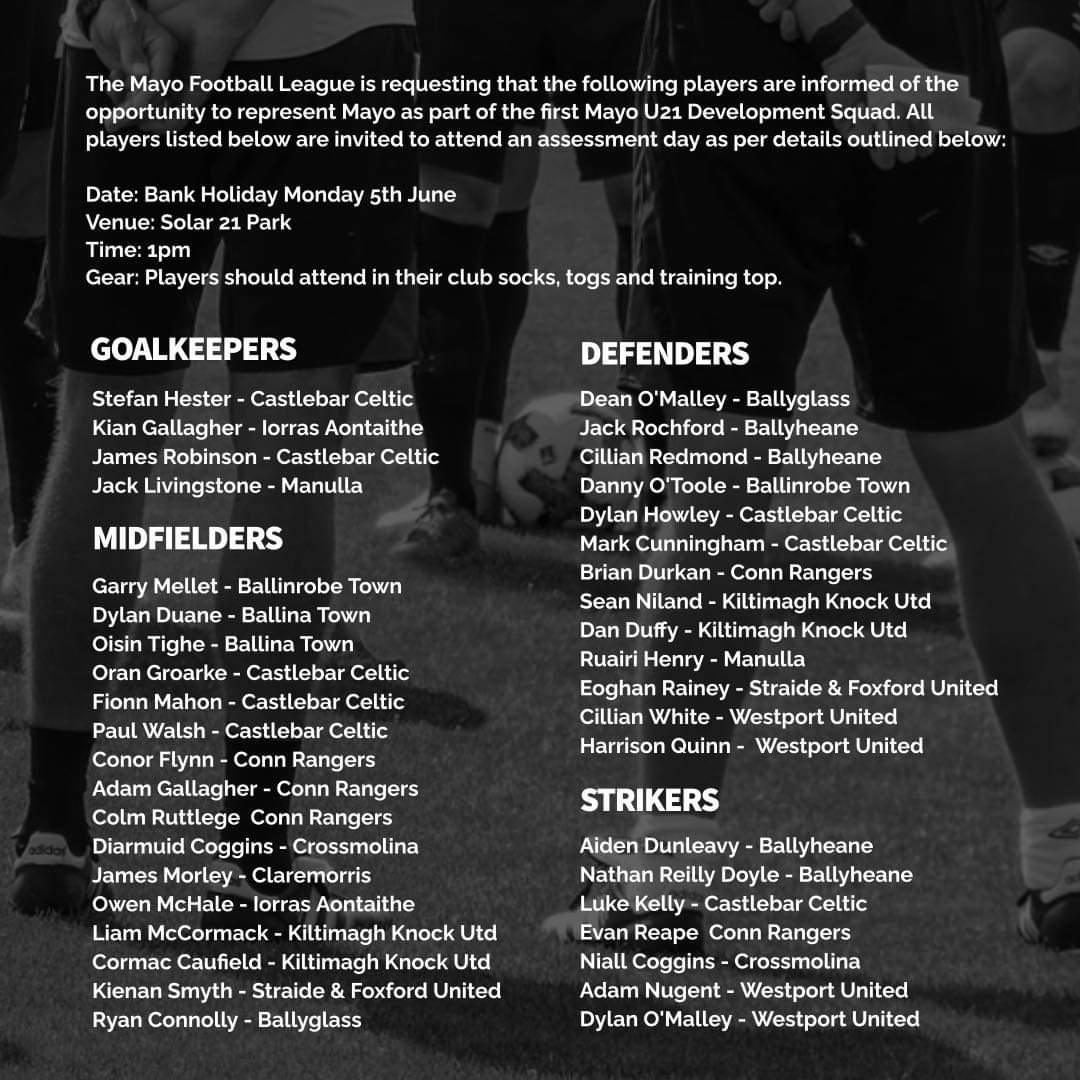 KiltiKnocUtd's tweet photo. Four Kiltimagh Knock United players called up for assessments for new Mayo Under 21 development squad - well done Liam McCormack, Cormac Caulfield, Sean Niland and Dan Duffy. https://t.co/KHg1hChb7E