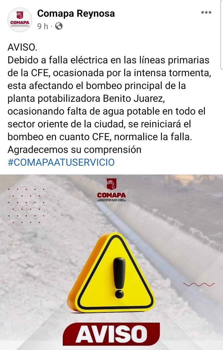 izbaak's tweet photo. @CFE_Contigo @CFEmx La @comapareynosa dijo que por su culpa no tenemos agua, ¿Como para cuando queda? Ya pasaron muchas horas, no la frieguen...
#Reynosa https://t.co/IZyx9nO11L