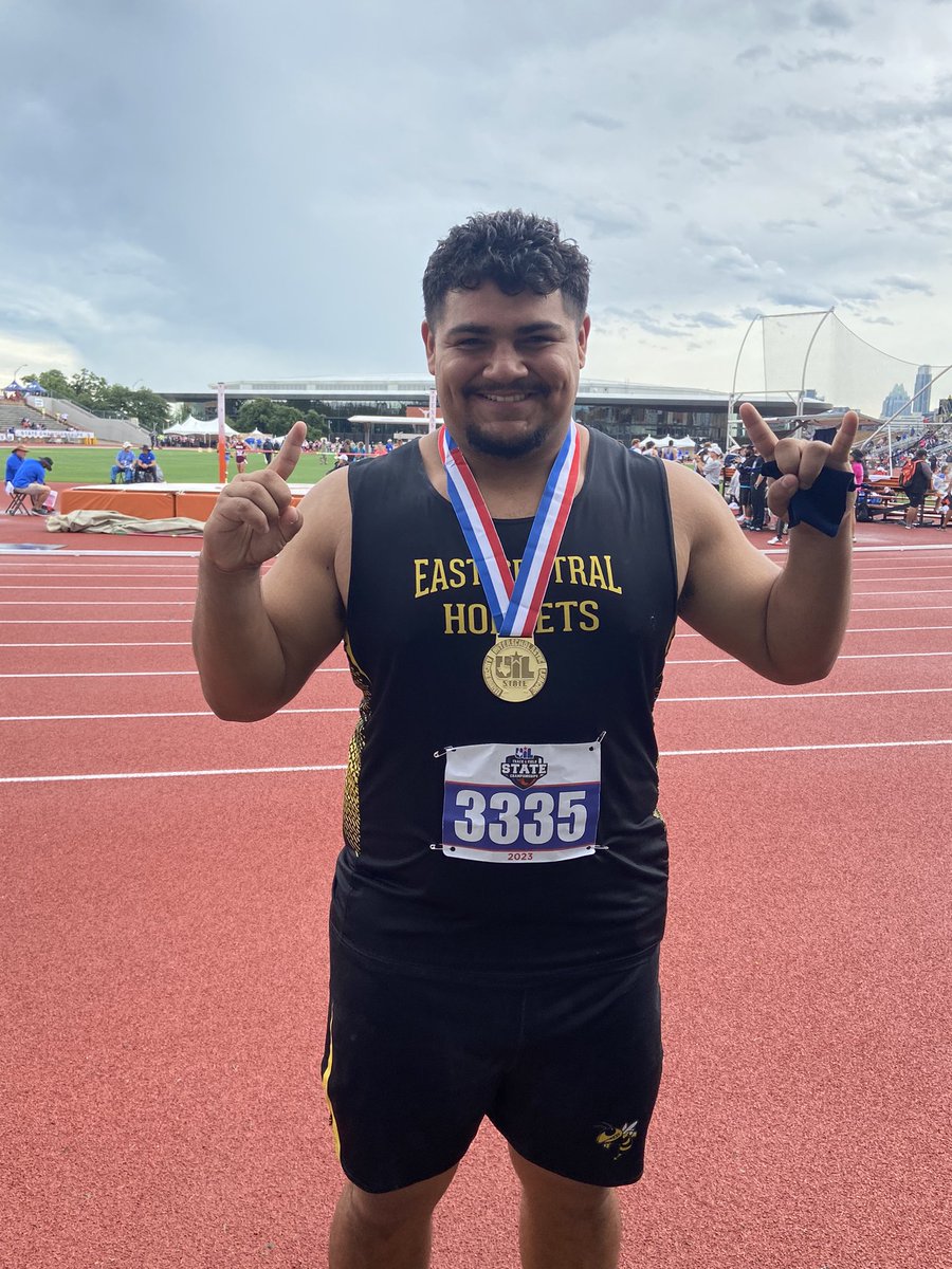 Future Texas Longhorn Michael Pinones of East Central finishes high school career with boys 6A shot put gold. 
“I was finally able to get one. I feel good about it, and I’m glad I was able to do it on my home turf. I’ll be back here next fall for the next four years. Hook ’em.”