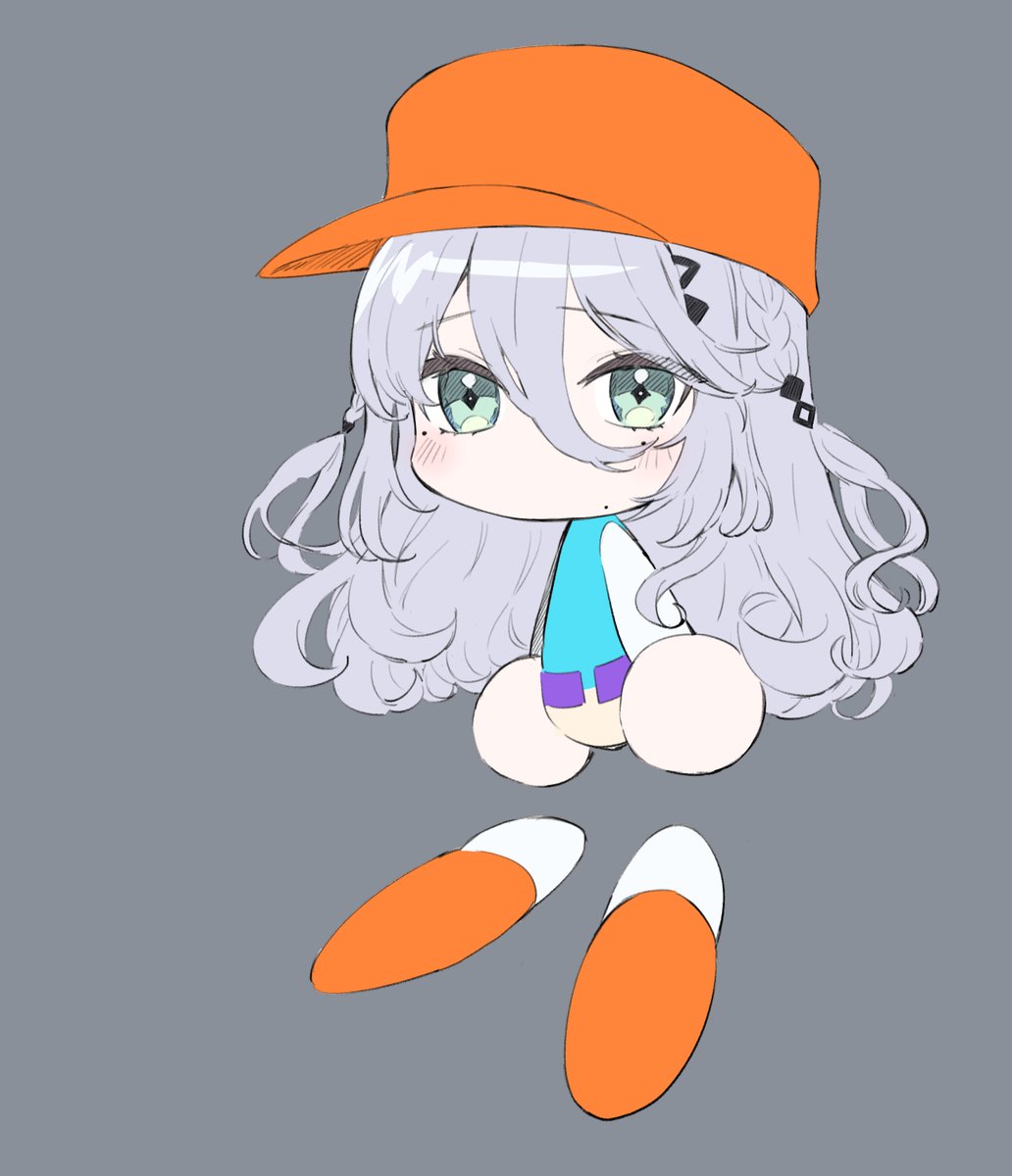1girl solo hat long hair chibi grey background grey hair  illustration images
