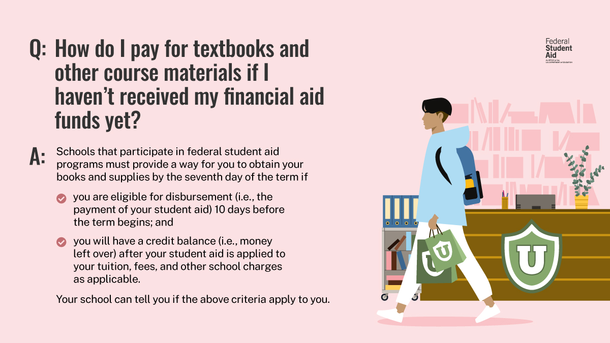 FAFSA's tweet photo. Do you need to buy textbooks to start summer school, but you still haven’t received your financial aid funds? 📚​

Reach out to your financial aid office right away to find out what to do! https://t.co/KiERjWnmff
