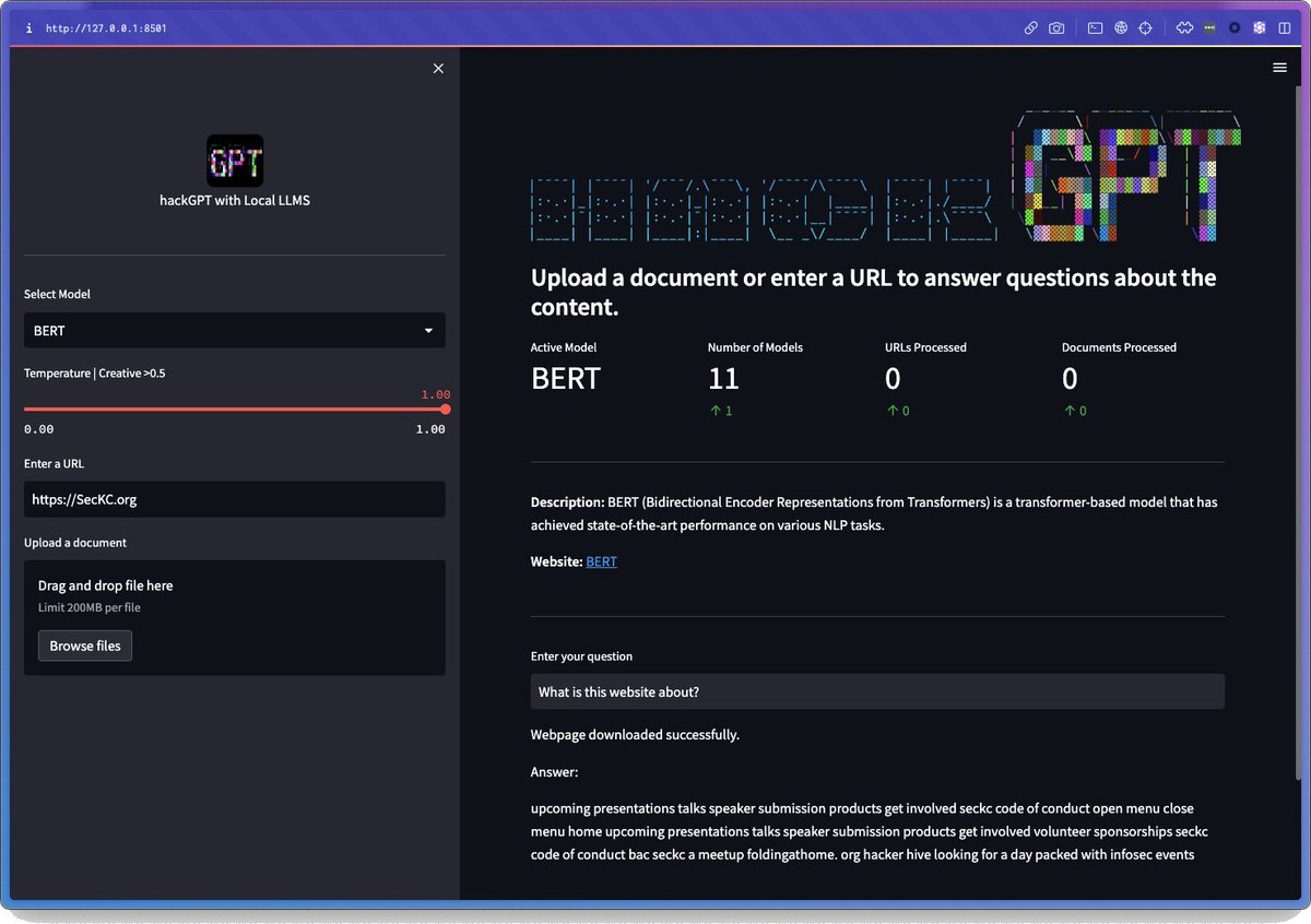CoryKennedy's tweet photo. It's far from perfect, but I created a version of #HackGPT that does not use #OpenAI or #chatGPT models and instead runs everything localized 

Select from 11 models to download, &amp; add documents or use a URL &amp; it will use the contents to answer.

https://t.co/7YhWAYdCAu https://t.co/bYtaw7cfg3