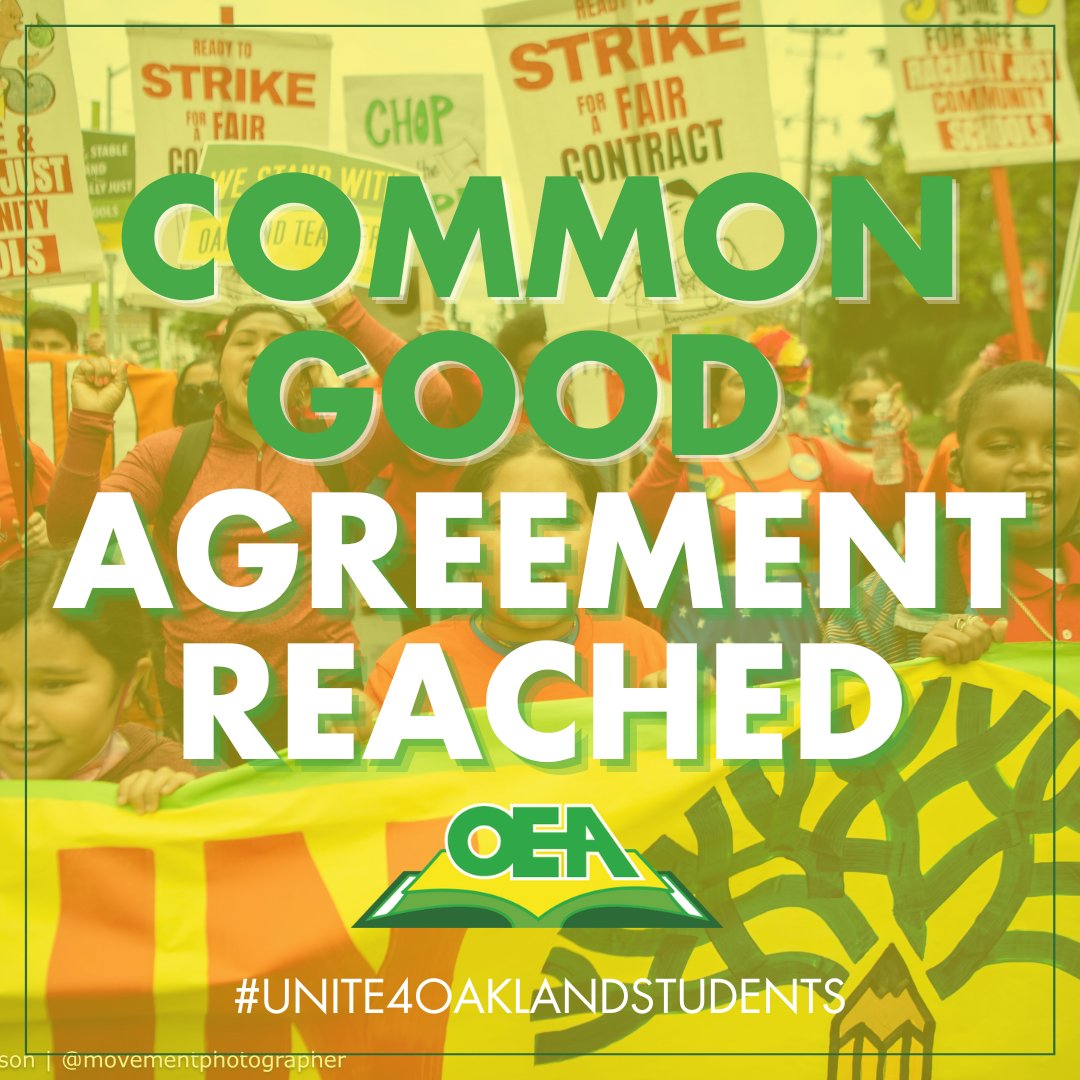 BREAKING: OEA has reached agreement on the following Common Good items: Reparations for Black Students, resources for unhoused students, school closures & shared governance. We are still on strike, but momentum is on our side. #Unite4OaklandStudents