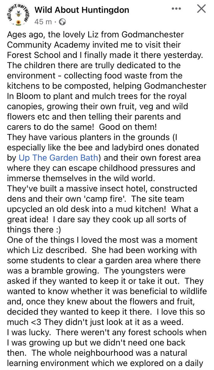 Juniper90174700's tweet photo. Some lovely words from Steph at ‘Wild about Huntingdon’
@GCA_learning look forward to working with Steph in the near future.
#community 
#GCAForestSchool
 #Green #Recycle #Compost #Reuse https://t.co/c64uzegMxp