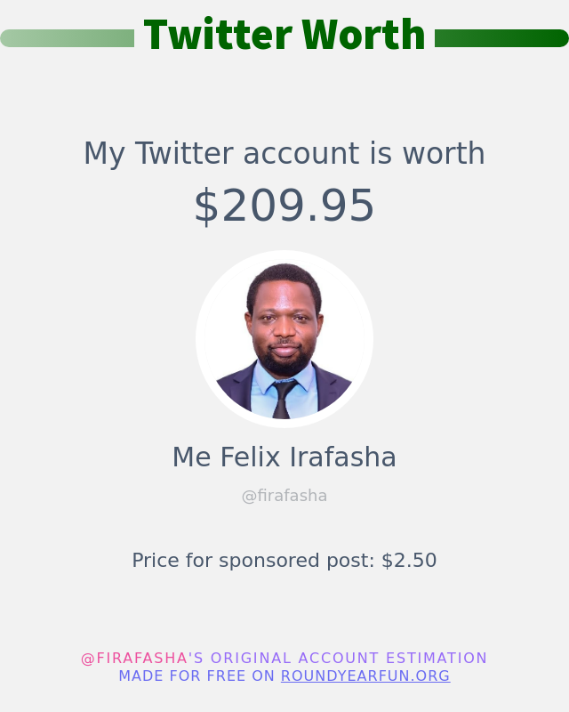 firafasha's tweet photo. My Twitter worth is: $209.95

➡️ https://t.co/uam63SN2y9 https://t.co/EY3OkNYdpy