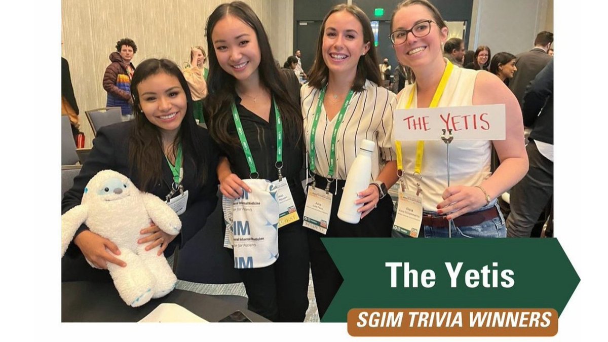 I had a great time at #SGIM23, and my love for #internalmedicine has grown. I got a #SGIMYeti, met Twitter friends IRL, make new friends, and won the @SocietyGIM Trivia with my incredible team “The Yetis” See you at #SGIM24! 

#FutureMedRes #IMProud #ProudtobeGIM #MedEd