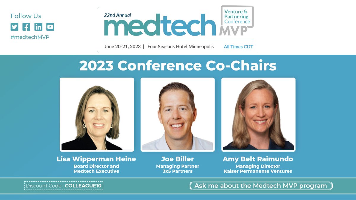 Join me and my co-chairs at #MedtechMVP this June 20-21 in Minneapolis! View the final agenda and register now to join us: 
medtechmvp.com/?utm_source=li…. Use the discount code to save 10%, and register by May 19th to save another $100!
#medtech #innovation #medtech