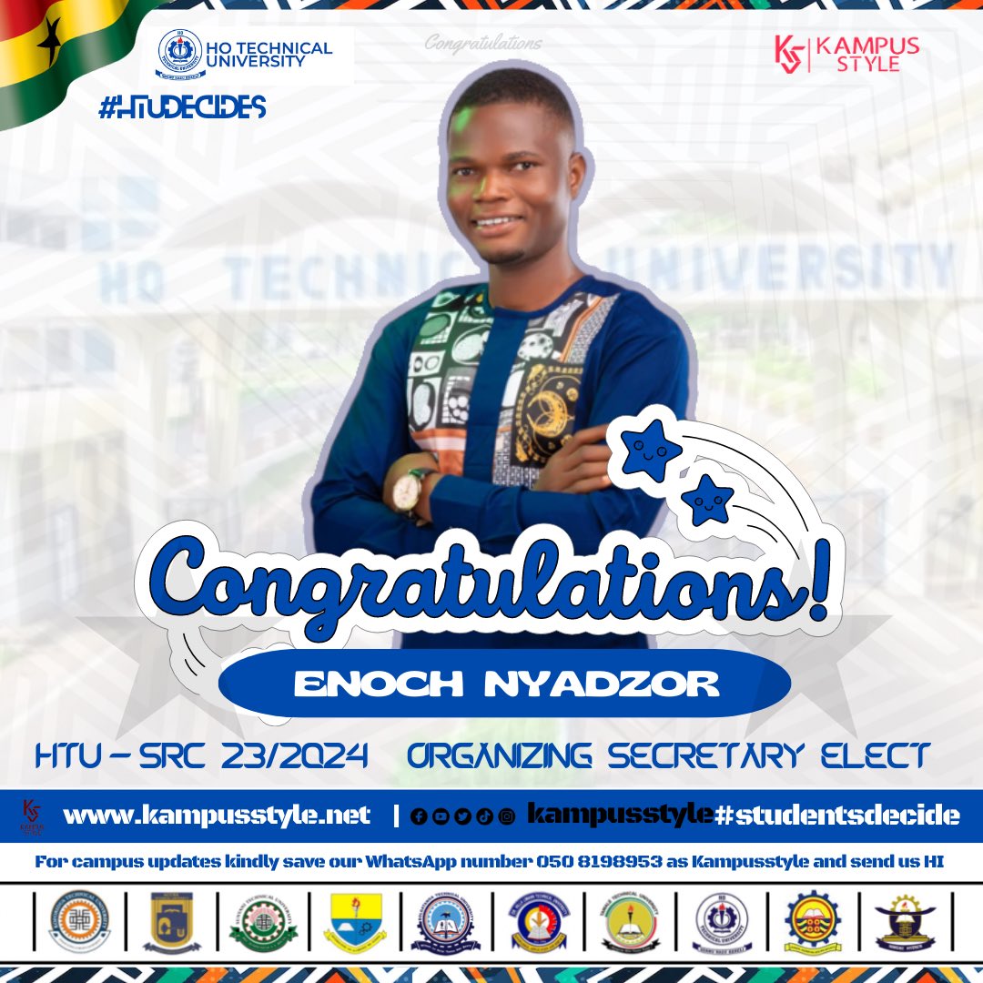 KampusStyle's tweet photo. #HTUDecides
Congratulations to Enoch Nyadzor who won with 1128 Votes, you truly worked hard for this and we support your new office! HTU is bound to expect great deeds from you, SRC Organizing Secretary Elect
#StudentsDecides
#Kampusstyle https://t.co/Dfche9oV7f