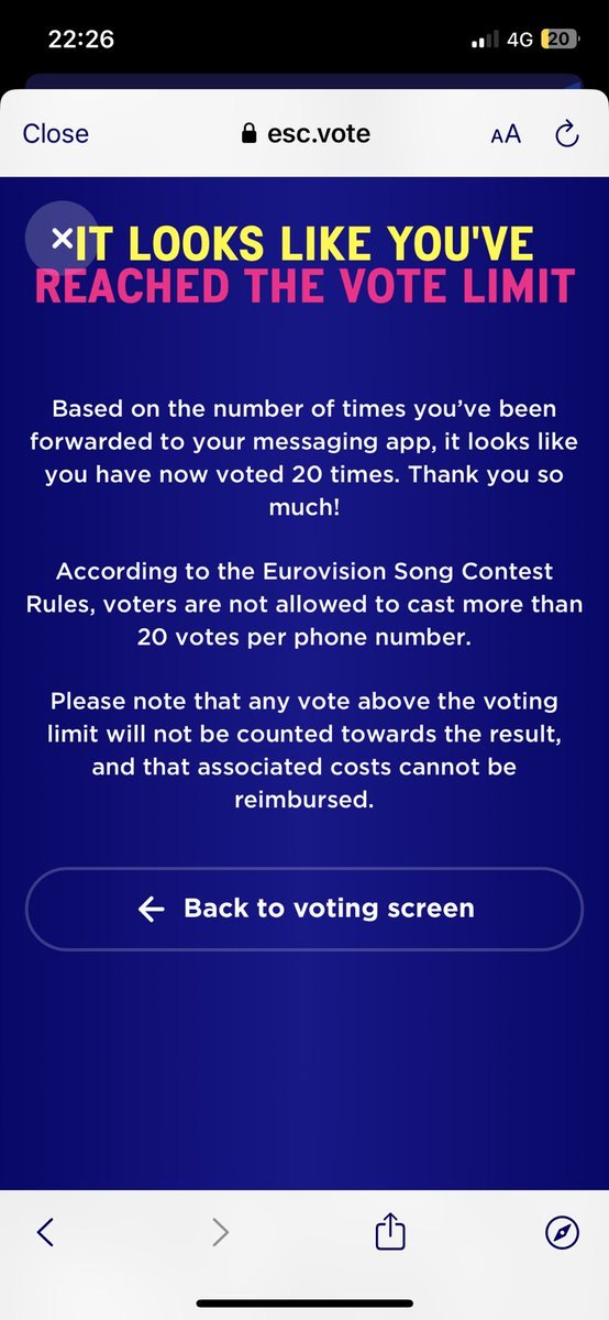 I’ve only had 5 votes go through for Finland and then this shows because it’s engaged on every other try 😡 <a href="/Eurovision/">Eurovision Song Contest</a> #Eurovision #Eurovision2023