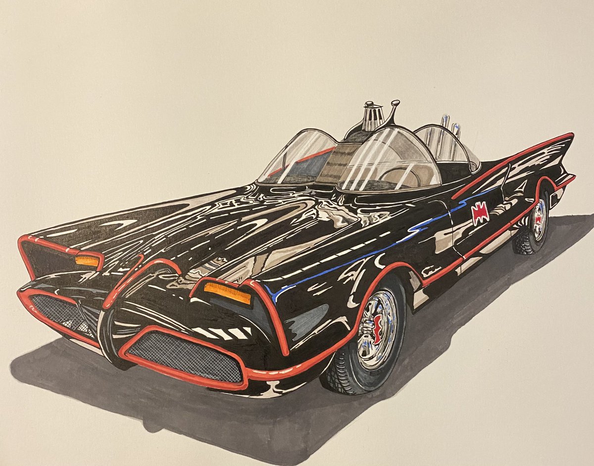 Stayed up last last night working on the Batmobile. Thinking about adding the tv show logo in the upper left area of the drawing….yes or no. #Batman #batmobile