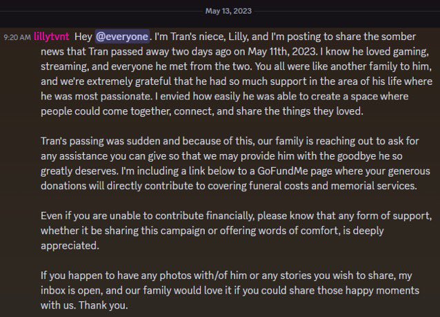 I’m not in the best mood but I had to hold my ground as I just lost someone close to be again <a href="/TranSenpai_/">TT</a> you’re a brother I always wanted and I will never forget you much love ❤️ 
gofundme.com/f/trung-trans-…