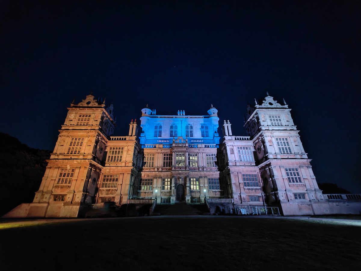 Wollaton Hall has been lit blue & yellow 💙💛 All in celebration of the UK hosting the Eurovision Song Contest Grand Final tonight on behalf of Ukraine 🇺🇦 Hope everyone watching is enjoying the Final!