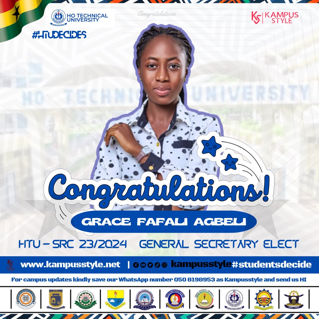 KampusStyle's tweet photo. #HTUDecides
Congratulations to GRACE FAFALI AGBELI who won with 1053 Votes, you truly worked hard for this and we support your new office! HTU is bound to expect great deeds from you, SRC General Secretary Elect
#StudentsDecides
#Kampusstyle https://t.co/2EAKjuiRiG