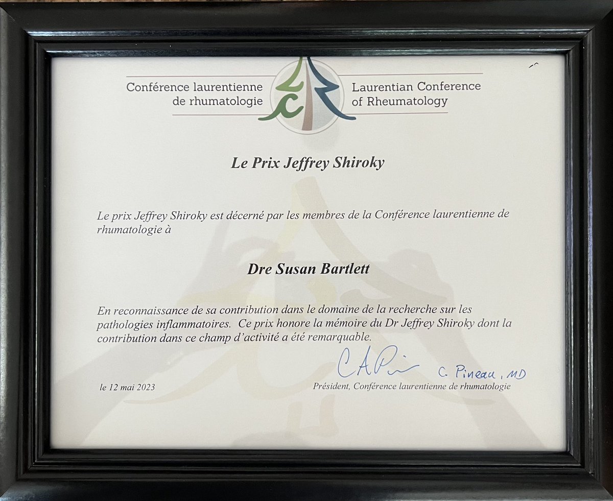 I am deeply honoured to join a long list of Canadian researchers who have received the Jeffrey Shiroky award from the Laurentian Conference of Rheumatology for research to improve the lives of people living with #RA and other forms of #inflammatoryarthritis