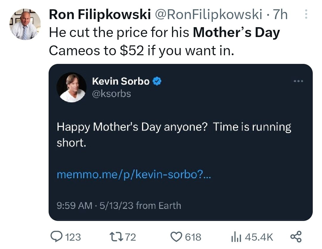 Mother's Day Idea: Instead of paying $52 to a 'has been' actor, Kevin Sorbo, for a personlized Mother's Day message, send her a message yourself. You'll save $52 and prove to your mom, the money she spent to educate you was not a waste.