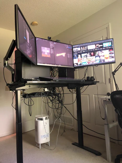 Slowly getting the rats nest cleaned up. Moved the tower to the back of the desktop so as to not hobble the standing desk. Much easier to ink standing where I can move my head around more. Plus a few weeks of this and my ass will look fantastic XD