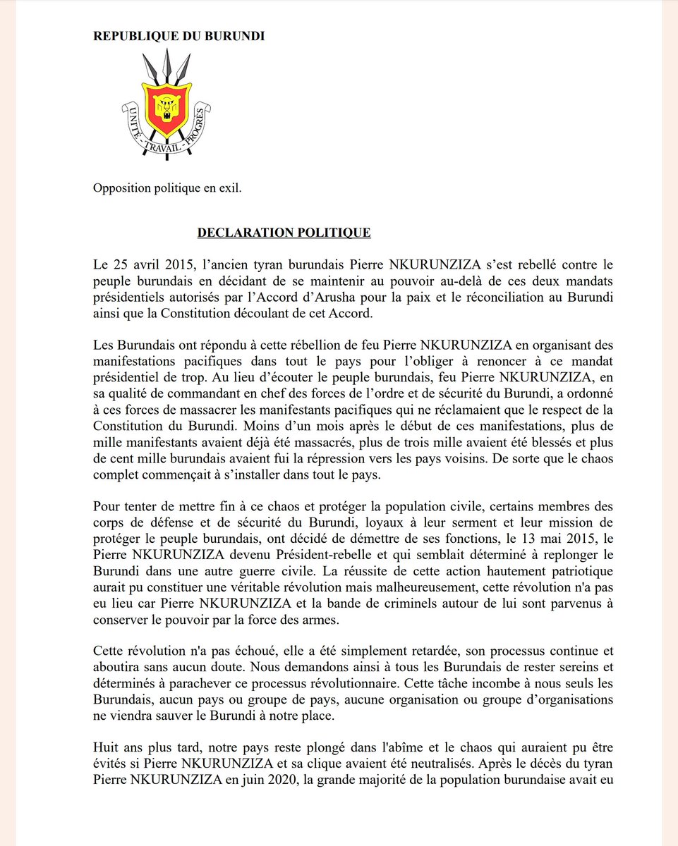 minanijeremie's tweet photo. Ce jour,les Burundais se souviennent que le 13 mai 2015,certains membres des corps de défense et de sécurité du Burundi,loyaux à leur serment et leur mission de protéger le peuple burundais,ont décidé de démettre de ses fonctions,Pierre NKURUNZIZA devenu Président-rebelle. https://t.co/nbVQSbv1do