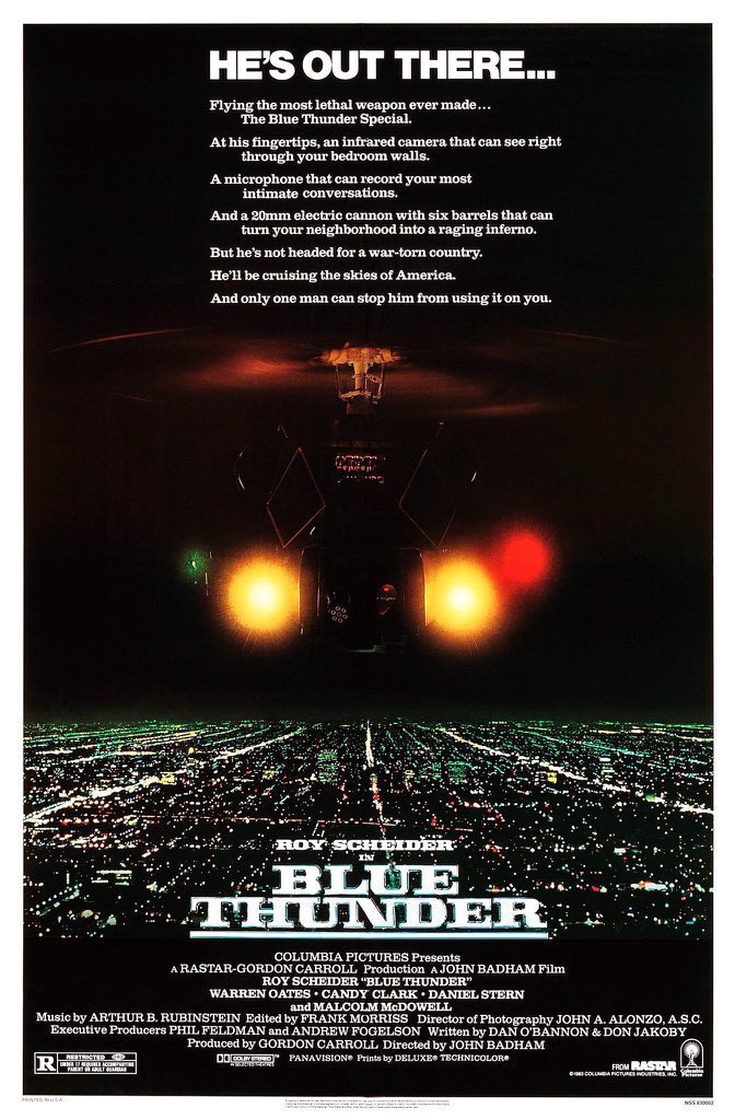 FilmNewsNos's tweet photo. 🎬MOVIE HISTORY: 40 years ago today, May 13, 1983 the movie 'Blue Thunder' opened in theaters!

#RoyScheider #MalcolmMcDowell #DanielStern #CandyClark #WarrenOates #JoeSantos #PaulRoebling #DavidSheiner #AnthonyJames #EdBernard #JasonBernard #MarioMachado #JackMurdock #JohnBadham https://t.co/YeDyhktCsb