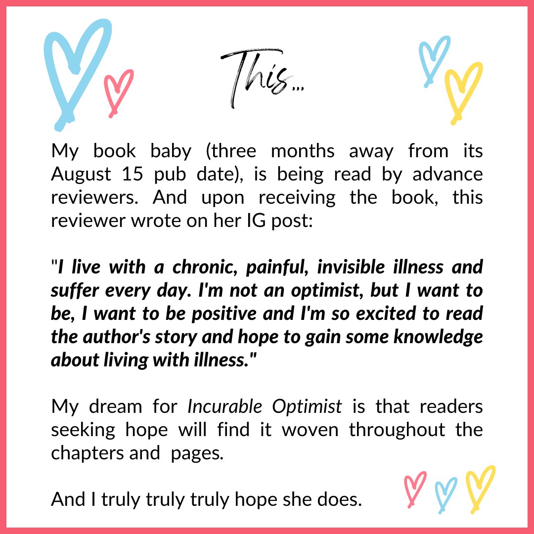 Thanks to Suzy Approved Book Reviews, #IncurableOptimist is in the hands of pre-pub date reviewers. And this reviewer, in particular, made me so hopeful that my story may help others manage uncertainty and find joy. Here's to #chronichope.
#amwriting #invisibleillness #gratitude